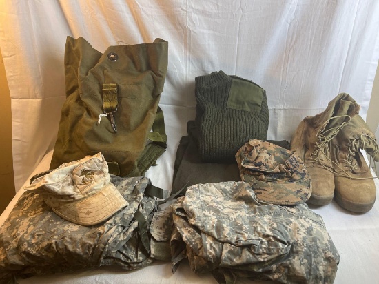 Lot of military surplus, clothes, boots, bag