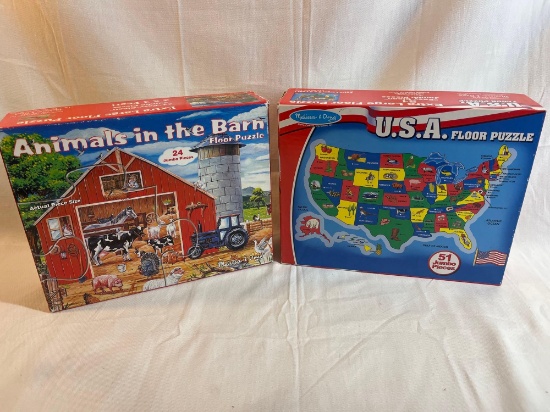 Lot of two Melissa and Doug jumbo floor puzzles. Animals in the Barn - 24 pieces. USA map - 51