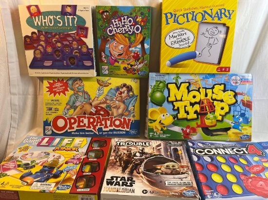 Board game lot: Who's It, Hi-Ho Cherry-O, Pictionary, Operation, Mouse Trap, LIFE Jr., Star Wars