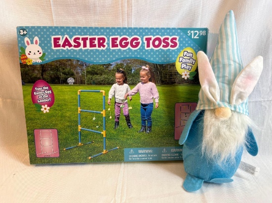 Easter Egg Toss ladder ball game and gnome bunny plush.