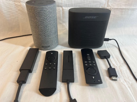 Multimedia lot including Bose speaker, Amazon Echo, fire sticks, remotes