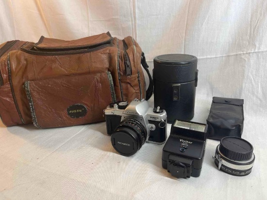 Camera lot - carrying bag, Promaster...2500PK Super, Vivitar 2600 Flash, Minolta Auto 128 Flash,