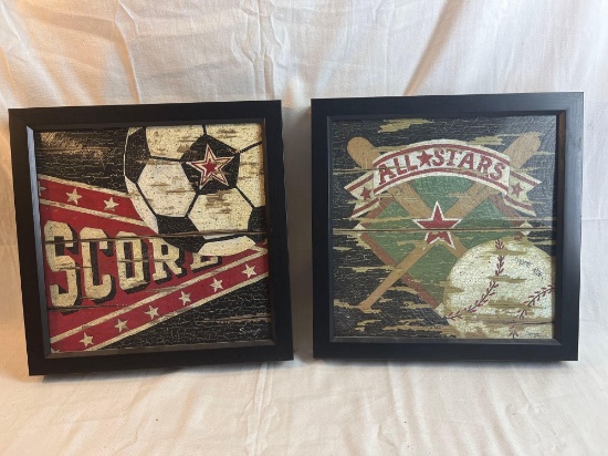 Set of sports wall decor. Framed images of soccer and baseball. 13.75" square.