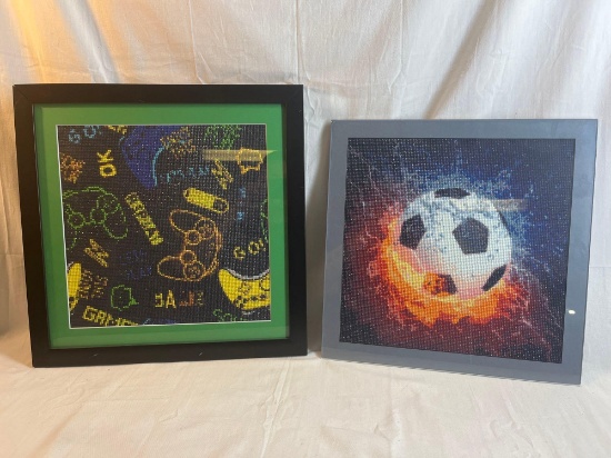5D Diamond Paintings. Video game theme is framed. The soccer themed one has glass and backing but no