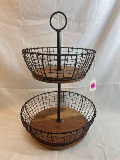 Two tier metal fruit and vegetable storage basket. 17" tall.