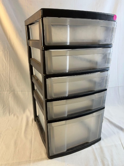 Black and clear plastic storage container with drawers. 25" tall.