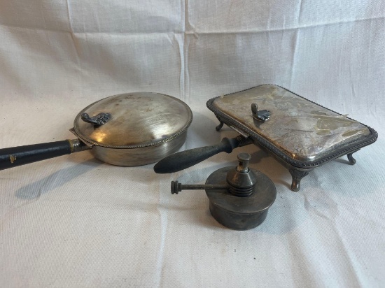 Vintage serving ware lot: two silent butlers / crumb catchers, one chaffing dish warmer.
