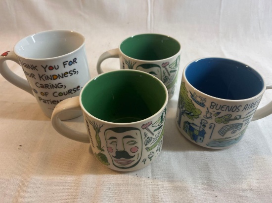 Lot of mugs: three Starbucks, one for nurses or doctors....