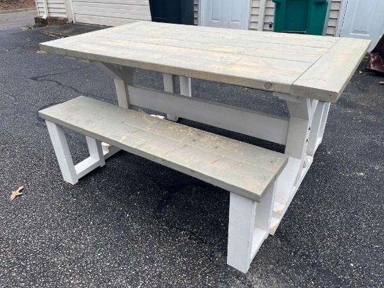 Farm style table. Solid and sturdy quality, wood table and benches. L 60 x H 30 x D 33