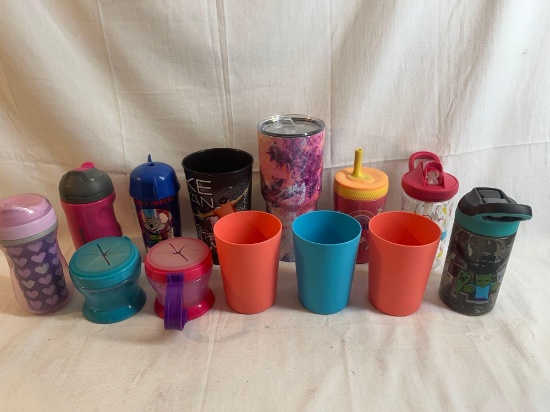 Cup lot - includes snack cups, plastic cups, Luke Bryan cup, Chuck E. Cheese cup, insulated cups,