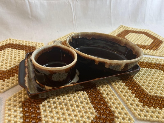 Pfaltzgraff...USA 396 brown drip glazed serving set with beaded coasters.