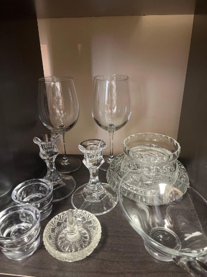 Glass lot - ring holder, wine glasses, candle holders, serving bowls