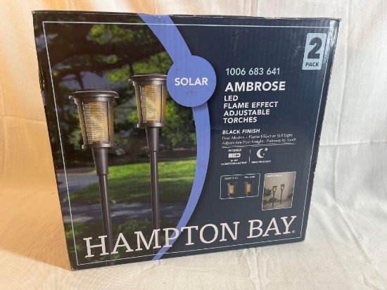 Hampton Bay solar path lights 2-pack. Ambrose LED flame effect adjustable torches. In box.