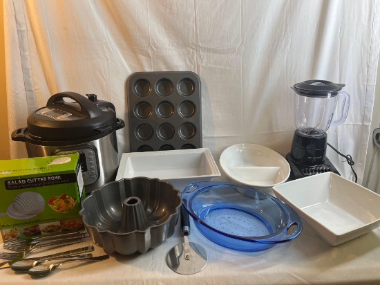 Huge kitchen lot: Instant Pot, muffin tin, salad cutter bowl, utensils, pizza cutter, glass baking