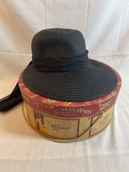 Black women's wide brim hat with scarf. Stitched straw. With hat box.