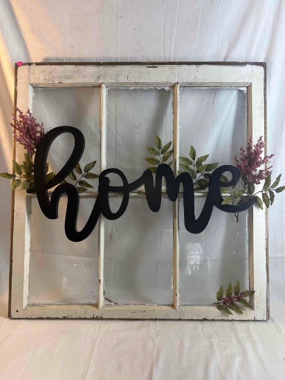Cottage decor - rustic window with the word Home with faux flowers and leaves. 32x32