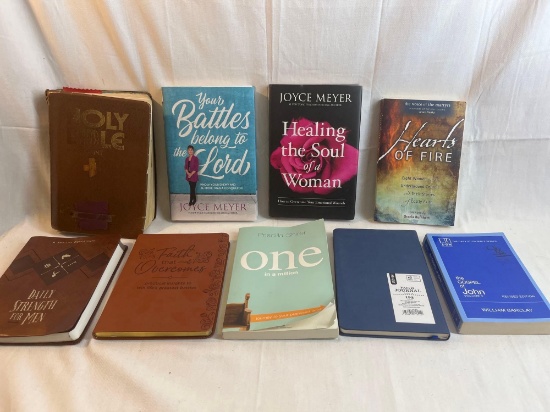 Lot of Christian, spiritual, inspirational books including Bibles, Joyce Meyer