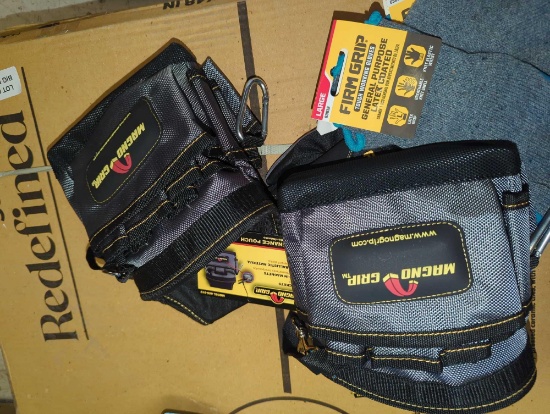 Box Lot of 2 MagnoGrip 9-Pocket Magnetic Maintenance Tool Pouch and Assortment of Work Gloves, What