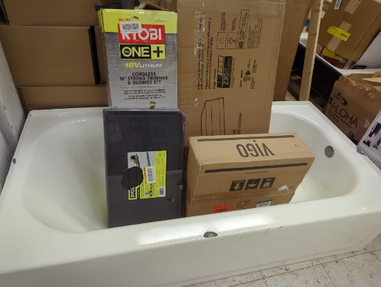 Large Tub Lot of Assorted Items to Include, Ryobi One+ 18v Lithium Cordless 10 inch String Trimmer,