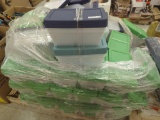 Pallet Lot of Sterilite 6 Qt. Storage Boxes, Lid Colors Included are Green, Light Blue and Navy,
