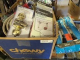 Box lot of assorted items including oscillating, sprinklers, deck drive, belt, 3-in flush valve kit,