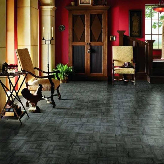 1 Case of TrafficMaster Grey Wood Parquet 3 MIL x 12 in. W x 12 in. L Peel and Stick Water Resistant