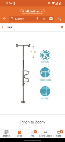 Stander Security Pole and Curve Grab Bar, 84 in. to 120 in. Tension-Mounted Transfer Pole in Bronze,