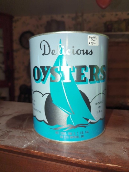 (DR) OYSTERS TIN, NO LID, APPROXIMATE DIMENSIONS - 7.5" H X 6.5" W, WHAT YOU SEE IN THE PHOTOS IS