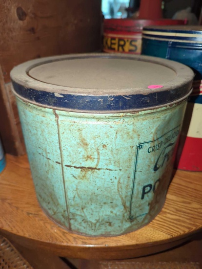 (DR) CROUTHAMELS HOMEMADE POTATO CHIPS TIN WITH LID, APPROXIMATE DIMENSIONS - 11" H X 12" W, TIN HAS