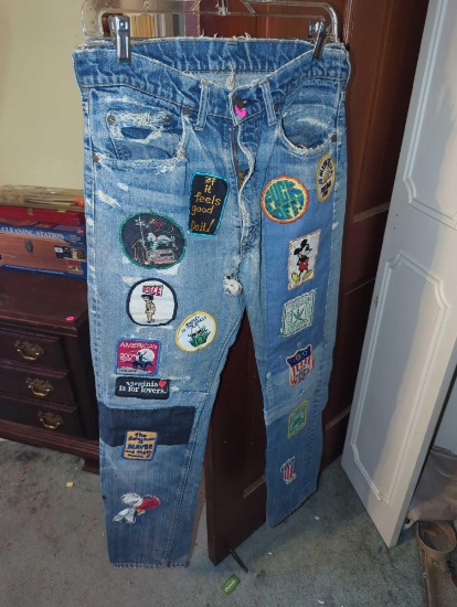 (BR3) 1990'S LEVI'S DISTRESSED PATCHWORK PANTS, UNSURE OF SIZE BUT WHEN LAID FLAT THE WIDTH IS 16