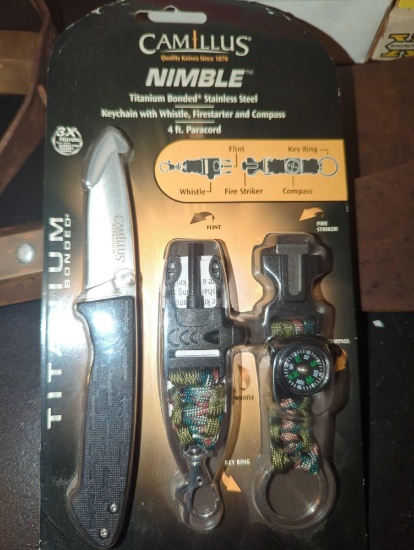 (BR3) BOX LOT OF ASSORTED ITEMS INCLUDING TACTICAL KNIVES, OZARK TRAIL 7-IN-1 UTENSIL, CAMILLUS