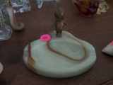 (LR) VINTAGE GREEN MARBLE ASHTRAY WITH A BRASS BABY FIGURAL. 4-3/4