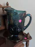 (LR) INDIANA IRIDESCENT BLUE CARNIVAL GLASS PITCHER. MEASURES 10-1/4
