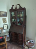 (LR) MAHOGANY FALL FRONT DESK WITH CURIO, 4 (DR)AWERS, 2 DOORS, MEASURES APPROX 77