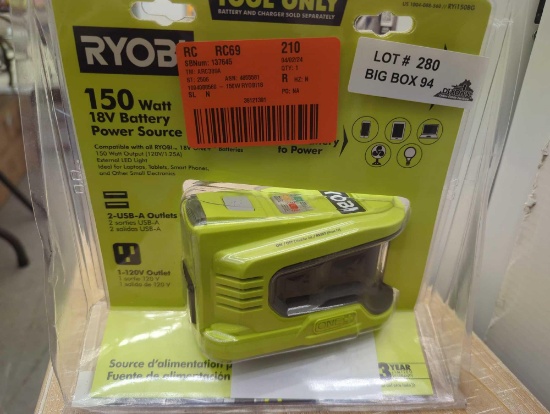 (Tool Only)RYOBI 150-Watt Power Source for ONE+ 18V Battery (Tool Only), Appears to be New in Open