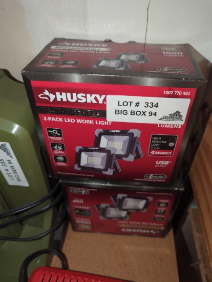 Lot of 2 Husky 1000 Lumen Rechargeable Work Light (2-Pack), Model K40409, Retail Price $32/Each,
