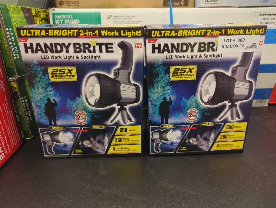 Lot of 2 HANDY BRITE Ultra-Bright LED Cordless 2-in-1 Tripod Work Light, Appears to be New in