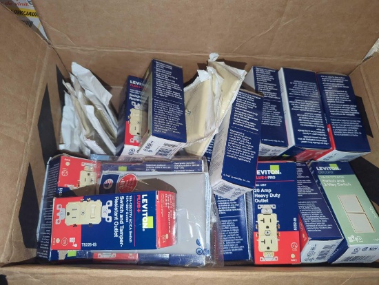 Box Lot of Assorted Items Including Leviton Decora 15 Amp 3-Way Switch, Leviton 15 Amp