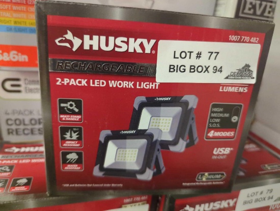 Husky 1000 Lumen Rechargeable Work Light (2-Pack), Model K40409, Retail Price $32, Appears to be