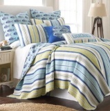 LEVTEX HOME Bayport 3-Piece Blue, Green and Cream Cotton Full/Queen Quilt Set, Retail Price $150,