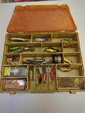Dual-sided Tackle Box and contents including worms and other various fishing lures. Comes as is