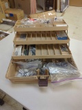 Tackle box and contents, including various fishing accessories. Comes as is shown in photos. Appears