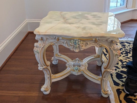 SILIK MARBLE TOP SIDE TABLE WITH CARVED FLORAL DETAILING.