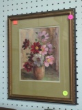 FRAMED AND DOUBLE MATTED STILL LIFE PRINT, FLOWERS IN VASE, 12 1/2