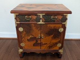 ANTIQUE ORIENTAL CHINOISERIE LACQUERED ELM BUREAU CABINET. FEATURES TWO DRAWERS AT THE TOP AND TWO