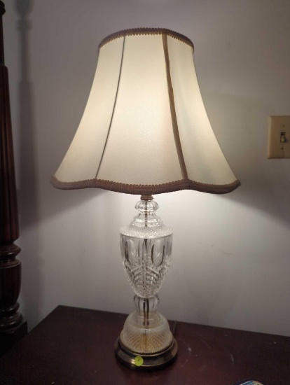 (MBR)PAIR OF GLASS AND BRASS TABLE LAMPS, CREAM COLOR SHADES, 29"H