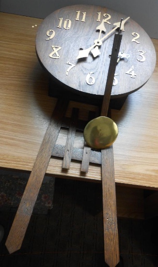 ARTS AND CRAFTS WOODEN CLOCK WITH KEY AND PENDULUM ALL ITEMS ARE SOLD AS IS, WHERE IS, WITH NO