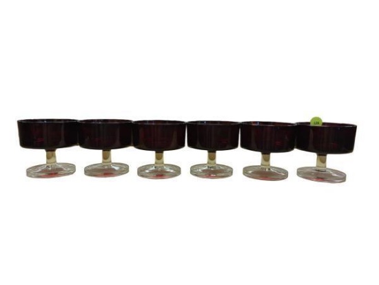 Lot of 6 Antique French Luminarc Ruby Red Cavalier Footed Dessert Coupes Glasses