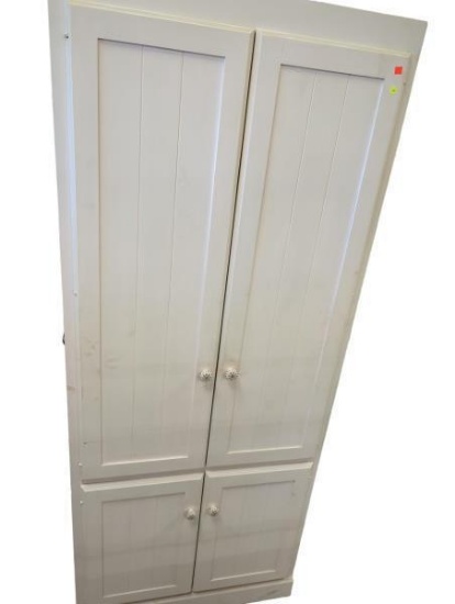 White Painted Cabinet with Floral Painted Knobs and Wooden Shelf