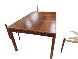 Mid-Century Modern Wooden Dining Table and Chair (x6) Set with Striped Cushions and Metal Hinges